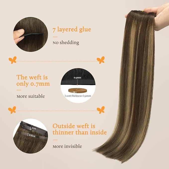 DOORES Human Hair Clip-in Extensions, Chocolate Brown to Caramel Blonde, 7pcs 110g 22 Inch, Seamless Clip-in with Skin Weft Remy Straight Invisi Edge Hair Extensions