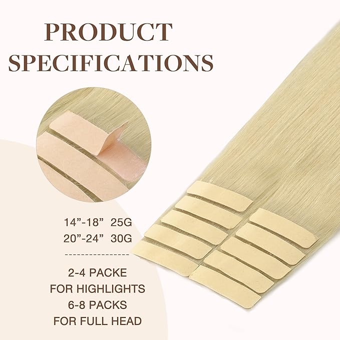 GOO GOO Tape in Hair Extensions Human Hair, 613R Bleach Blonde, 24inch 30g 10pcs, Skin Weft Seamless Invisible, Silky Straight with Thick Ends, Remy Human Hair