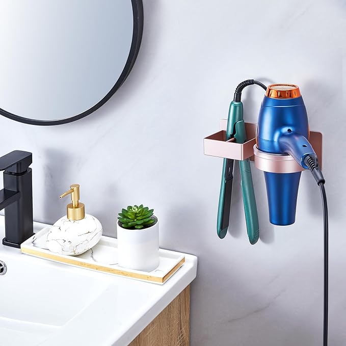 Blow Dryer Holder Wall Mounted, Hair Straightener Holder, Hair Dryer Holder Adhesive, Hair Tool Organizer for Flat Iron, Hairdryer, Curling Iron Holder for Bathroom Vanity Barber Shop (Rose Gold)
