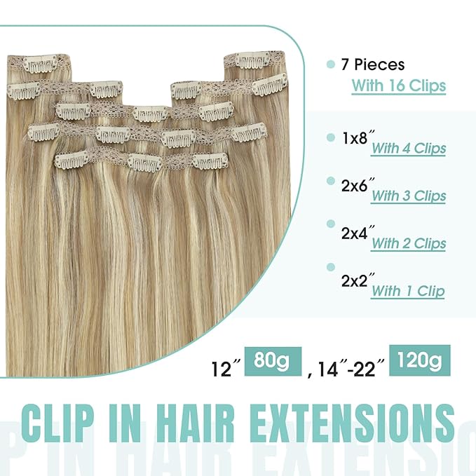 YoungSee Blonde Clip in Hair Extensions Honey Blonde Highlights Human Hair Clip in Extensions Strawberry Blond Clips in Human Hair Extensions for Woman 12inch 85g