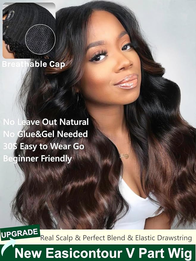 KLAIYI Ombre Brown V Part Body Wave Human Hair Upgrade U Part Wig with Dark Roots Glueless Chestnut Brown Clip in Half Wig No Glue No Leave Out Beginner Wigs for Women Ready To Wear and Go 150% 26Inch