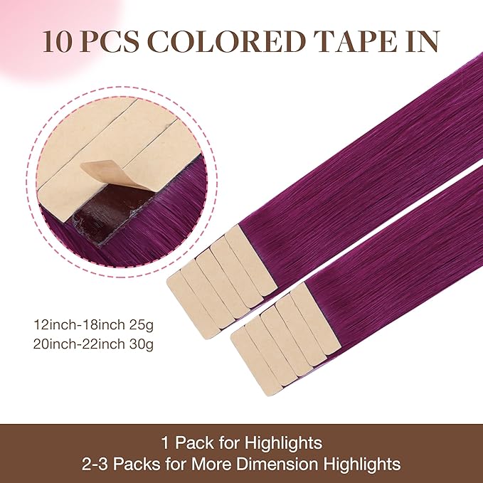 GOO GOO Tape in Hair Extensions Human Hair, Violet, 20inch 30g 10pcs, Colored Tape ins Human Hair Extensions, Silky&Soft Invisible Tape Ins, Hair Highlighted for Party