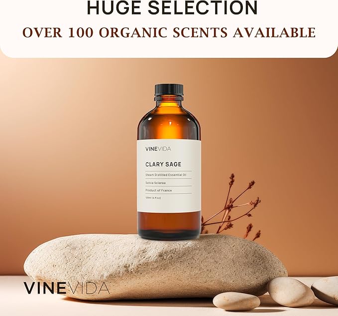 VINEVIDA Clary Sage Essential Oil 4 oz - Undiluted Candle Scent DIY Scents for Candlemaking Bulk Soap Making Safe Skin, Pack of 1,4 Fl Oz,120 milliliters,7.18 Ounces
