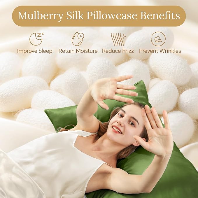INFIIXSO Mulberry Silk Pillowcase for Hair and Skin, Silk Pillow Cases Standard Size with Hidden Zipper 20x26 Inches, Ultra Smooth and Soft Cooling Pillow Cases for Hot Sleepers(Cedar Green, 1 Pack)