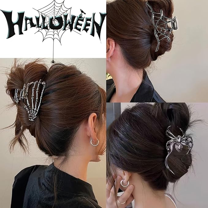 3 Pieces Large Metal Spider Net Hand Hair Claw Clips for Women and Girls Thick Long Hair, Nonslip Skeleton Spooky Barrette Headband Hair Styling Accessories for Halloween Christmas Gifts