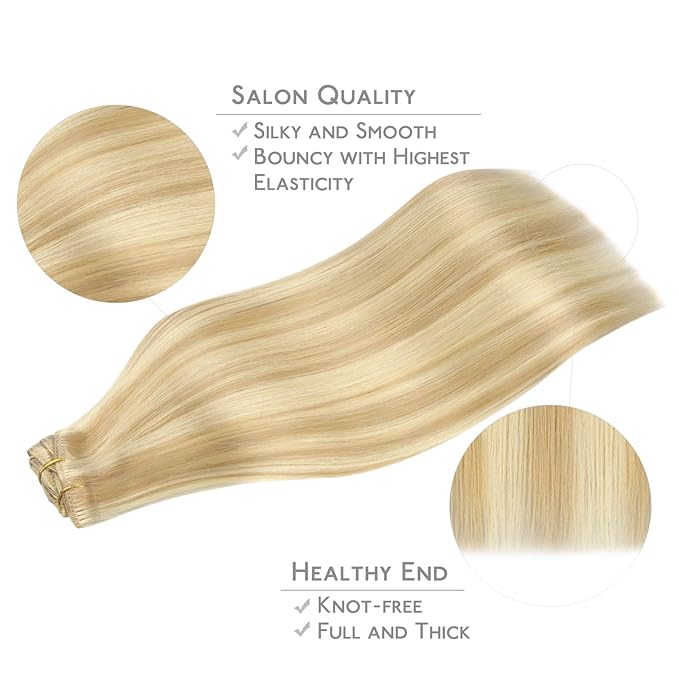 WENNALIFE Clip in Hair Extensions Real Human Hair, 14 Inch 110g 7pcs Remy Hair, Light Blonde Highlighted Golden Blonde Straight Natural Extensiones De Cabello Humano Con Clip Ins