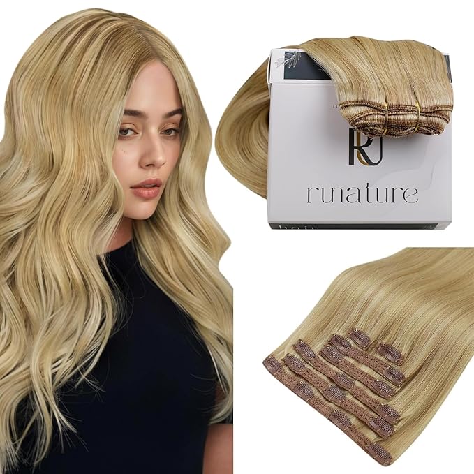 RUNATURE Human Hair Clip in Extensions Blonde, 14 Inch 120g 7pcs Thick Clip in Hair Extensions Real Human Hair, Full Head Remy Hair, Add Volume #16P24 Golden Blonde with Highlights