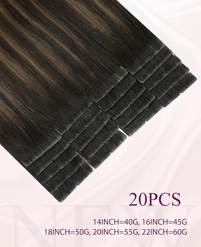 Pinkpearl Invisible Tape in Hair Extensions Human Hair, 20pcs 22inch 60g #2/6/18 Balayage Dark Brown to Chestnut Brown and Ash Blonde Injection Tape in Extensions Real Remy Human Hair Injected