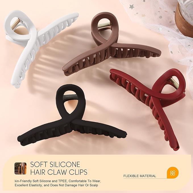 4Pcs Cloud Claw Clips for Women, 4.7 Inch Non-Slip Strong Hold Hair Claws, Unbreakable & Durable TPEE-Silicone Blend, Large Bendable Cozy Hair Clip for Thin/Thick/Curly Hair, All-Day Comfort