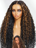 Julia Hair Ombre Brown Water Wave Glueless Wig Human Hair 7x5 HD Lace Closure with Invisible Drawstring Pre Plucked Bleached Highlight Balayage Colored Curly Wigs Put On And Go 16 Inch
