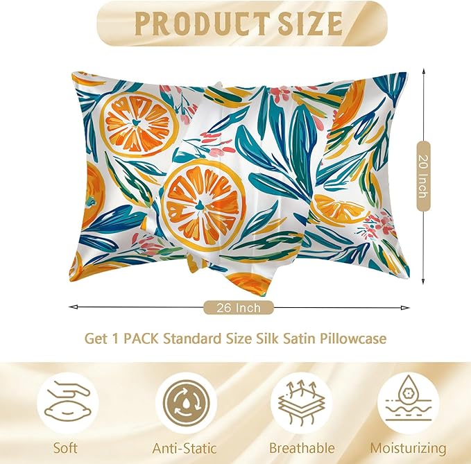 Satin Pillowcase with Zipper for Hair and Skin Abstract Orange and Leaves 1 Pack Soft Silk Pillow Case Standard Size Wrinkle-Free Smooth and Cooling Satin Pillow Cover 20”x26”