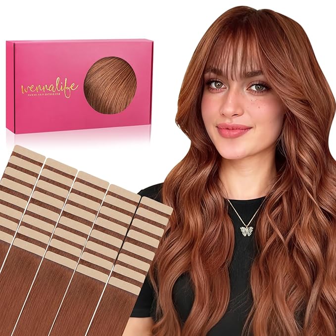 WENNALIFE Tape in Hair Extensions Human Hair, 40pcs 100g 24 inch Dark Auburn Copper Hair Extensions Real Human Hair Straight Tape in Extensions Invisible Human Hair Extensions Reusable Real Hair Exten