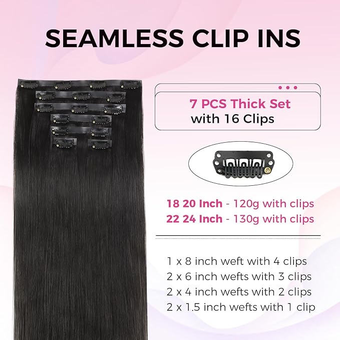 Lashey Seamless Clip in Hair Extensions Human Hair 120g 7pcs Straight Thick Remy Human Clip in Hair Extensions with Full End 20 Inch Natural Black