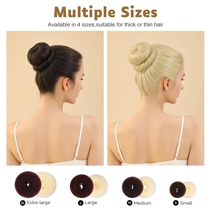 FANDAMEI Hair Bun Maker Set, Donut Bun Maker Set With 4pcs Dark Brown &4pcs Beige(2 extra-large,2 large,2 medium and 2 small), 5 pieces Hair Elastic Bands, 40 pieces Hair Bobby Pins (Brown and Gold)