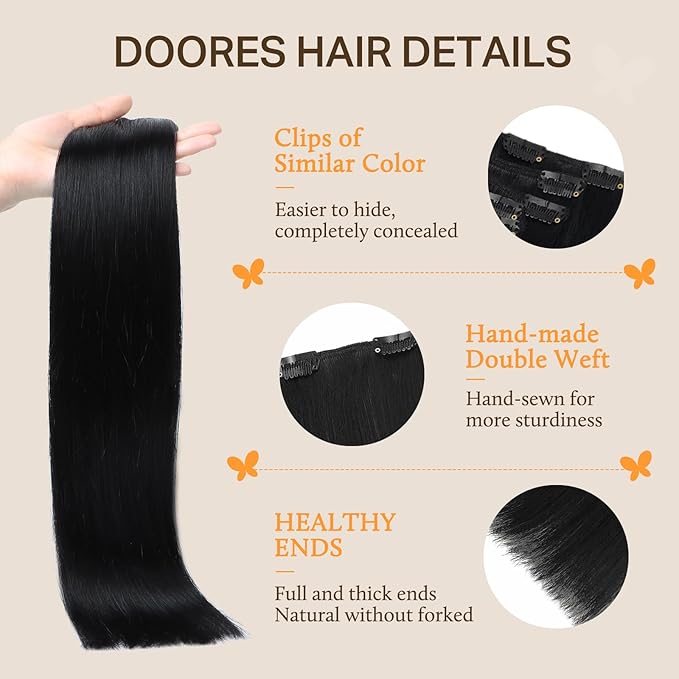 DOORES Clip in Hair Extensions Natural Black Real Hair Extensions Clip in Human Hair 100g 7pcs 14 Inch Straight Natural Thick Weft