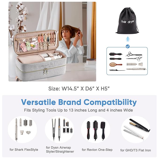 Double-layer Hair Tools Travel Case with Black Hair Dryer Bag with Detachable Divider compatible with Shark FlexStyle/SmoothStyle - Flat Curling Iron Travel Organizer