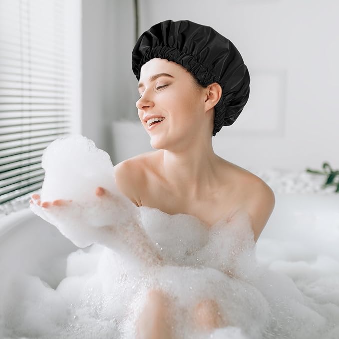 Reusable Shower Cap for Women, Stylish Large Waterproof Shower Bonnet Washable Wide Elastic Band Hair Cap for Long Hair, Braids Bath Hat(Black)
