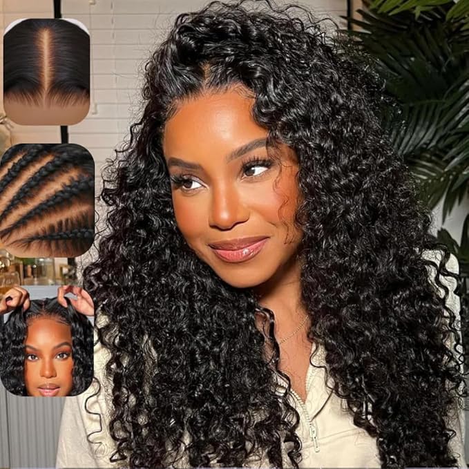 KLAIYI Water Wave Pre Cut 360 Full Lace Frontal Glueless Wig Human Hair Drawstring Pre Plucked Bleached Bye Bye Knots Pre Everything Ready to Wear And Go Curly Beginner Wig with Baby Hair 180% 24Inch