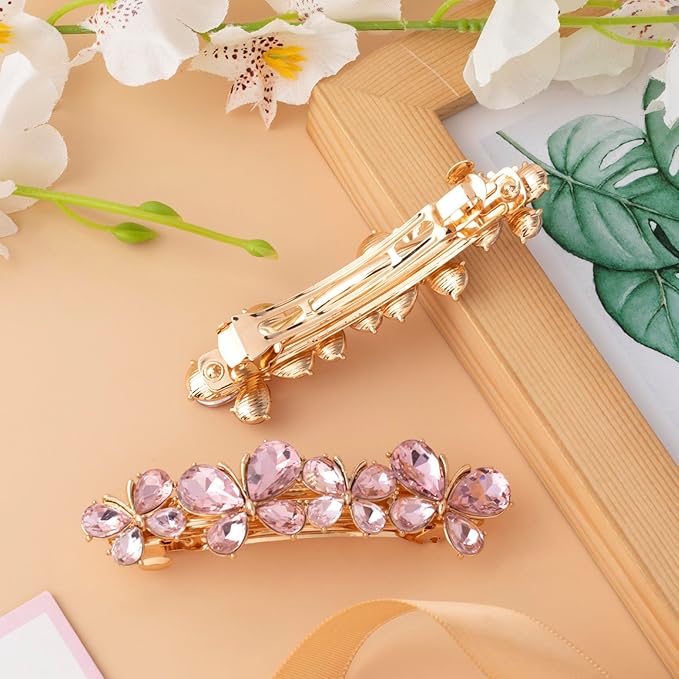 Joez Wonderful Rhinestone Hair Clips, Bridal Hair Accessories for Women, Sparkly Crystal Hair Pins, Fancy Hair Barrettes for Wedding, Bride, Long Hair (Pink Butterfly, 1 Pcs)