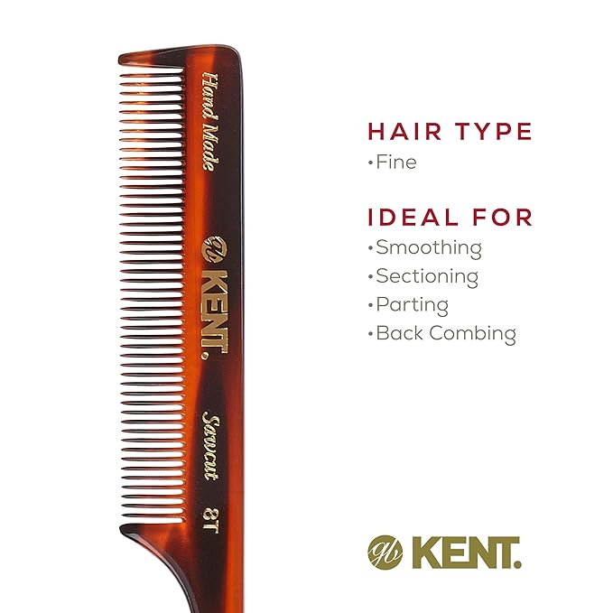 Kent 8T Rat Tail Combs Teasing Comb for Hair Styling and Sectioning, Handmade Fine Tooth Comb Parting Combs for Braiding Hair and Styling for Women, Saw Cut and Hand Polished, Made in England