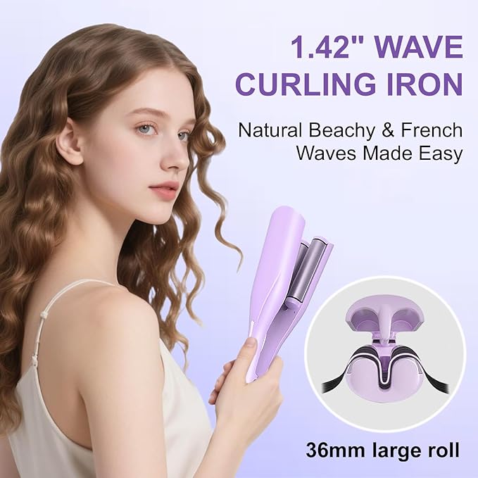 Crimper Hair Tool, Hair Crimper for Women, Beach Waves Curling Wand with Negative Ions, Adjustable Temp, Anti-Scald Design, Auto Shut-Off, Dual Voltage, 1.42 Inch (Purple)