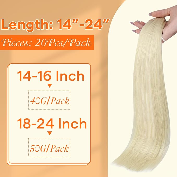 Full Shine Seamless Injected Tape in Extensions Color 60 Blonde Machine Remy Injection Tape in Human Hair Extensions Soft Straight Add Length 18 Inch 20 Pcs 50 Grams Silky for Wedding