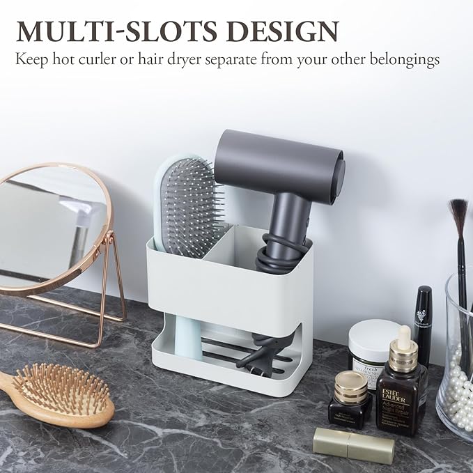 MyGift White Metal Wall Mount Hair Tools Holder with 2 Slots, Salon Hair Styling Accessories Organizer Rack, Blow Dryer, Straightener and Curling Iron Holder