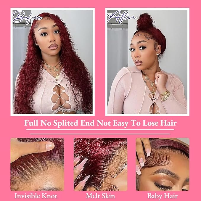 250 Density Hidden Strap Water Wave 360 99j Burgundy Glueless Wigs Human Hair Pre Plucked Pre Bleached Human Hair Wig With Drawstring Wet and Wavy HD Full Lace Front Wigs Human Hair 26 Inch