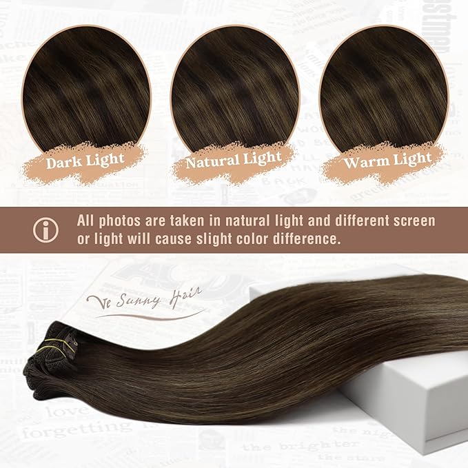 Ve Sunny Clip in Human Hair Extensions, Real Hair Extensions Clip in Human Hair, Human Hair Extensions Clip ins Dark Brown Ombre Medium Brown Balayage Hair Extensions 5pcs 80g 12inch