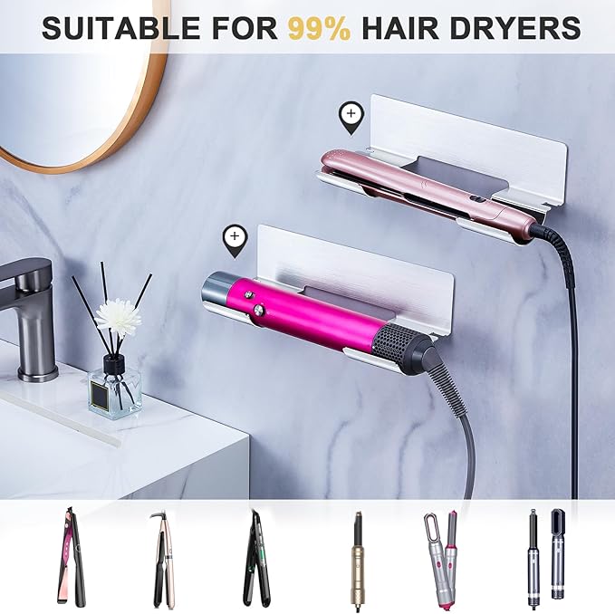 Hair Dryer Holder Wall Mount Blow Dryer Holder, Adhesive Straightener Holder, Curling Iron Holder for Bathroom Salon Barber Shop Hotel, Hair Tools Organizer Storage (Silver)