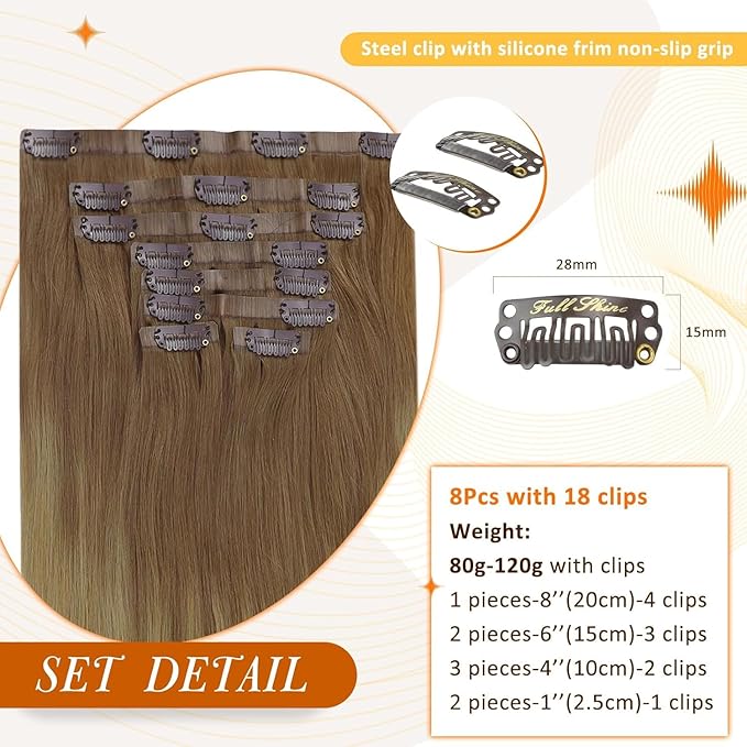 Full Shine Seamless Clip in Hair Extensions Human Hair Ombre Light Brown to Blonde Invisible Hair Extensions Skin Weft Ease of Use 14 Inch 8 PCS 120 Grams