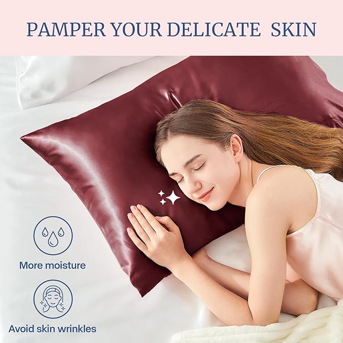 BEDELITE Satin Pillowcase for Hair and Skin, Super Soft and Cooling Similar to Silk Pillow Cases 2 Pack with Envelope Closure, Gift for Women Men(20"x36" King Size, Burgundy)