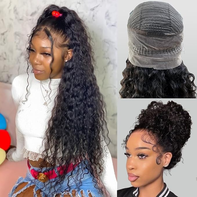 Lace Frontal Wigs 360 Drawstring Wig Human Hair 24 Inch Pre Plucked Hidden Strap 360 Lace Front Wigs Human hair Water Wave 180% Density Curly Wet and Wavy HD 360 Human Hair Wig Full Lace