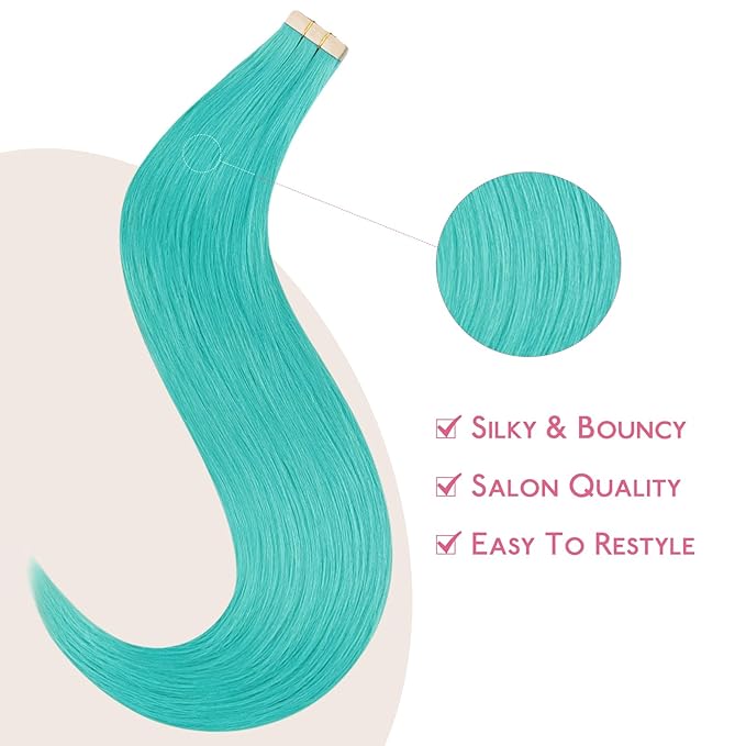 WENNALIFE Tape in Hair Extensions Human Hair Teal Green Tape in Extensions, 10pcs 30g 26 inch Remy Invisible Tape Ins Straight Colored Soft Real Human Hair Tape in Extensions Refill Set Extensions