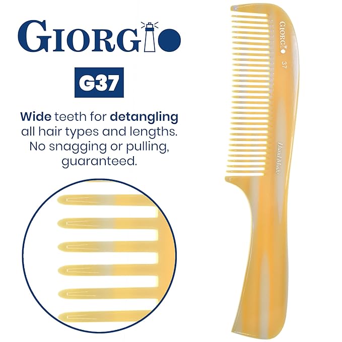 Giorgio G37 Large Coarse Detangling Comb, Wide Teeth for Long Thick Curly Wavy Hair. For Wet and Dry Hair Handmade Rake Comb Saw-Cut and Hand Polished Imitation Horn