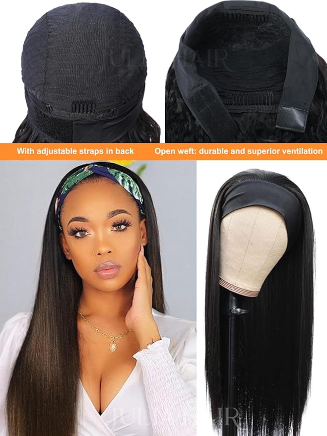 Julia Hair 12A Headband Wig Human Hair Yaki Straight Glueless None Lace Half Wig With Pre-attached Scarf Ombre Chestnut Brown Highlight With Dark Roots for Black Women Put on and Go 26 Inch