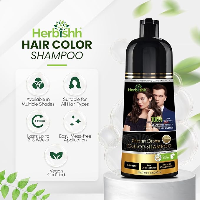 Herbishh Chestnut Brown Shampoo, Hair Dye Shampoo 3 in 1, 100% Grey Coverage, Demi-Permanent Hair Color for Men & Women, Long-lasting Color in 20-25 Mins, Ammonia-free, 200 ml