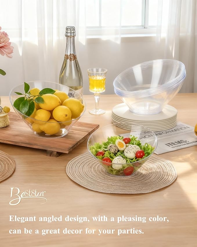 BESTSTAR 20OZ Plastic Clear Serving Bowls 8 Pack Angled Disposable Party Bowls for Chips, Salad, Fruit & Candy – Heavy Duty Clear Serving Bowls for Parties, Buffet, Catering, Wedding, Daily Use