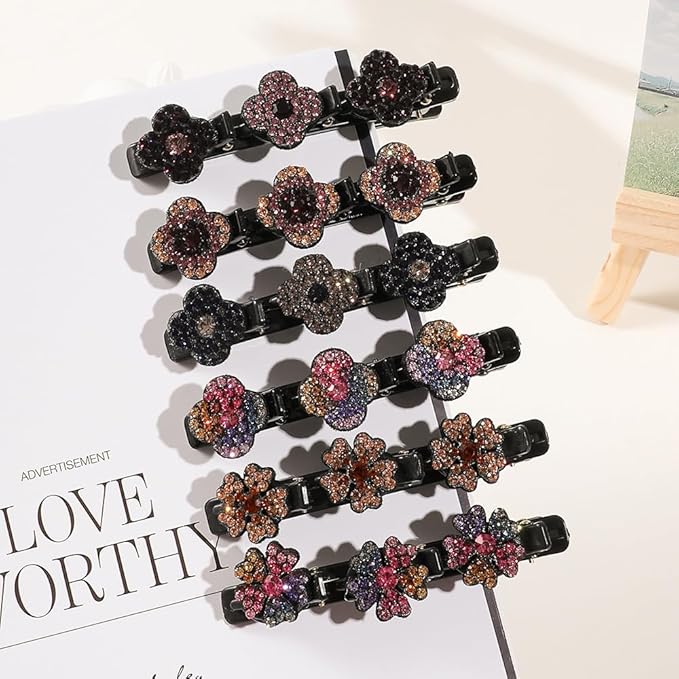 12PCS Sparkling Crystal Stone Braided Hair Clips, Braided Hair Clips for Women and Girls, Shiny Flower Rhinestone Hair Clip, Duckbill Hair Clip With Crystal Hair Accessories for Styling