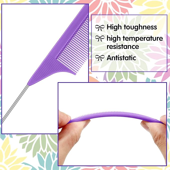 Patelai 30 Pieces Rat Tail Combs Bulk, Hair Teasing Fine Tooth Pintail Combs Braiding Hair Styling Tools with Steel Pin for Stylists Salon Teasing Sectioning Coloring Detangling(Purple)