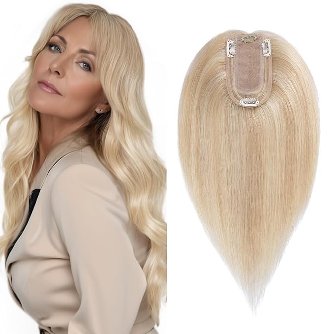 SEGO Real Human Hair Topper for Women, No Bangs Hair Topper with Anti-Slip Clips (10 Inch#18/613 Ash Blonde Mix Bleach Blonde)