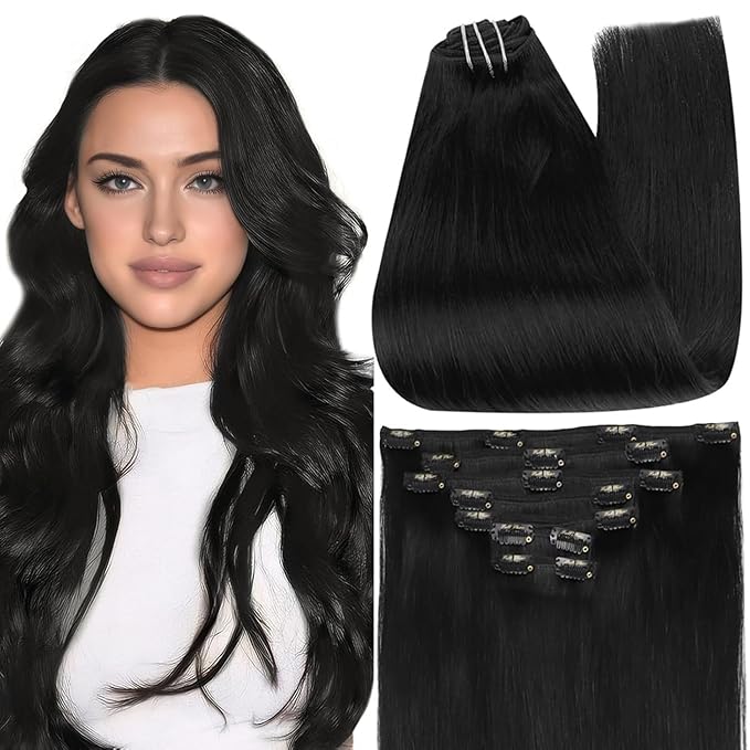 Full Shine Hair Extensions Clip in Human Hair Black 22 Inch Real Human Hair Extensions Clip ins Triple Weft Clip in Human Hair Extensions Straight Thick End 7 Pcs