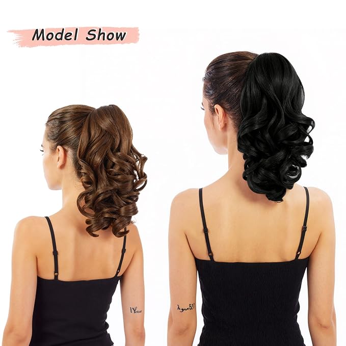 Ponytail Extension, Clip on Ponytails for Women, 12" Claw Clip in Short Curly Wavy Pony Hair Extension for Women - Black