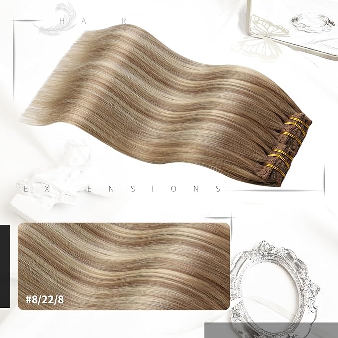 Moresoo Blonde Ombre Clip in Hair Extensions Real Human Hair Short Balayage Light Brown to Golden Blonde with Light Brown Clip in Extensions for Straight 80g/5pcs 10 inch