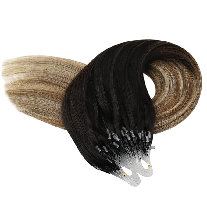 YoungSee Microlink Hair Extensions Human Hair Balayage Micro Ring Hair Extensions Ombre Dark Brown to Medium Browns with Blonde Hair Extension Beaded 20Inch 50g 50s Cold Fusion Hair Extension