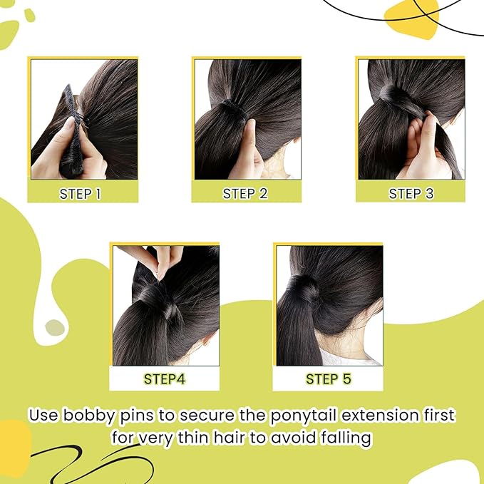 RUNATURE Human Hair Ponytail Black, Ponytail Extension Real Human Hair, Remy Ponytail Extension With Magic Paste, Soft Straight Hair Tangle Free, 16 Inch 80g #1B Off Black