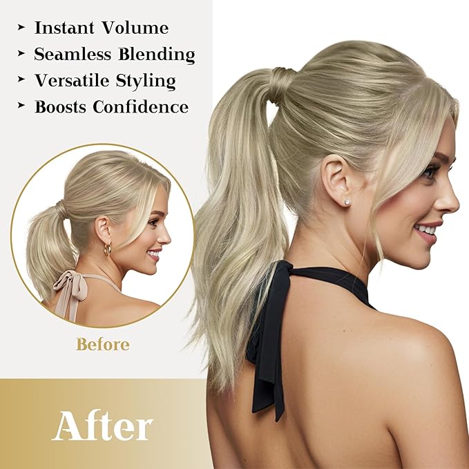 Ve Sunny Hair Extensions Ponytail Real Human Hair Wrap Around Clip in Ponytail Hair Extensions Straight Extensions Human Hair for Women Ash Grey Balayage Platinum Blonde 22inch 80G