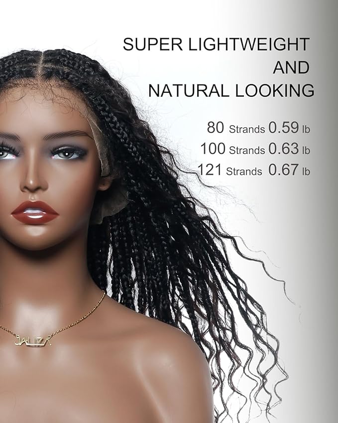 Human Hair Boho Curls Hand-Tied HD Full Lace Wig - 24" Salon-Level Small Box Synthetic Braids (100 Braids, High Density) Pre-Cut Swiss HD Lace, Pre-Plucked, Knotless, Tangle-Free - Black 1B