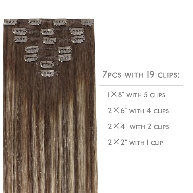 WENNALIFE Clip in Hair Extensions Real Human Hair, 14 Inch 120g 7pcs Balayage Chocolate Brown to Honey Blonde Hair Extensions Clip in Human Hair Remy Clip in Hair Extensions Real Human Hair