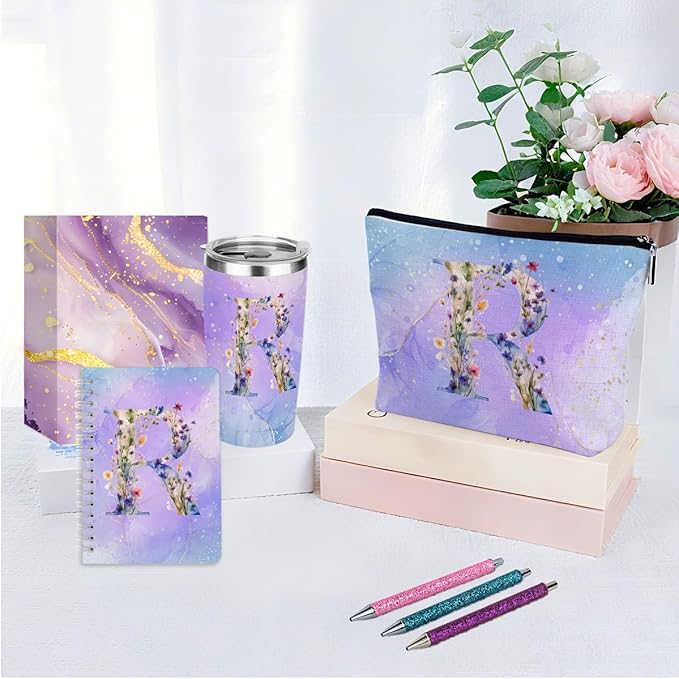 Personalized Gifts Monogrammed Birthday Gifts for Women, New Mom, Grandma Thank You Christmas, Initial 20 oz Tumbler, Makeup Cosmetic Bag Cup Pens Journal Notebook 6 Set, (Aesthetic Purple Flower R)